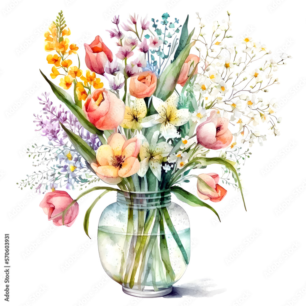 Obraz premium Flowers watercolor painting, glass jar with garden flowers and leaves, greeting card, invitation, poster, wedding decoration and other images. Generative AI
