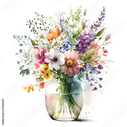 Fototapeta Naklejka Na Ścianę i Meble -  Flowers watercolor painting, glass jar with garden flowers and leaves, greeting card, invitation, poster, wedding decoration and other images. Generative AI