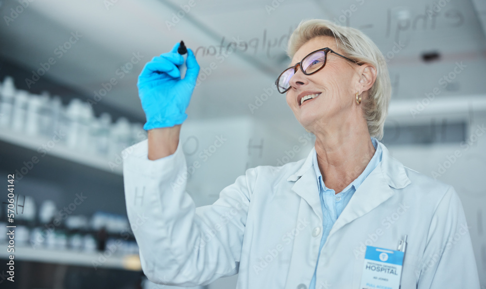 Science, woman brainstorming and writing on glass in lab, innovation, formula and analytics. Happy scientist in laboratory with research ideas, planning and strategy with vision in future vaccine. Science, woman brainstorming and writing on glass in lab, innovation, formula and analytics. Happy scientist in laboratory with research ideas, planning and strategy with vision in future vaccine.