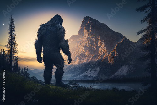 Bigfoot silhouette at dawn with mountain backdrop created with Generative AI