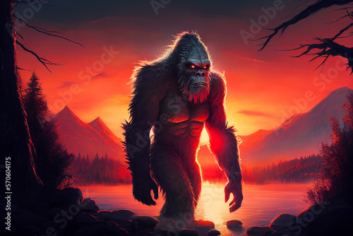 Red eyed Sasquatch art at dusk created with Generative AI photo