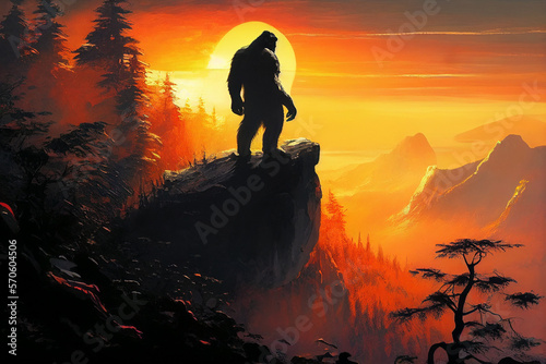 Powerful Bigfoot standing on cliff ledge at sunset - art created with Generative AI