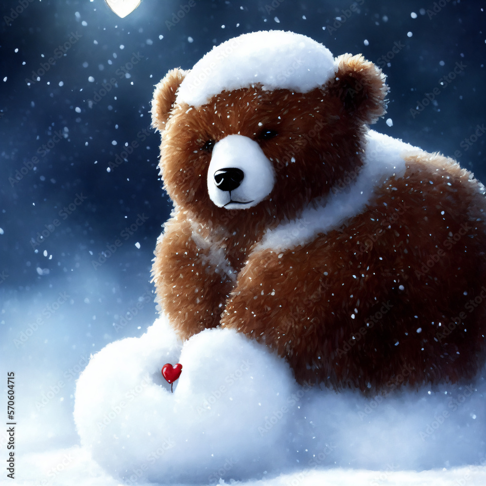 Valentine's Bear with tiny heart - building in the snow Valentine's Bear with tiny heart - building in the snow