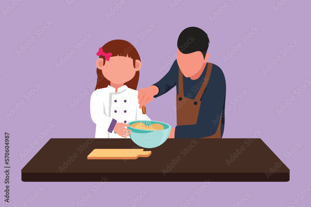 Graphic flat design drawing happy father and daughter knead cake dough using manual hand mixer. Dad and his little girl enjoying kneading cake dough together at home. Cartoon style vector illustration Graphic flat design drawing happy father and daughter knead cake dough using manual hand mixer. Dad and his little girl enjoying kneading cake dough together at home. Cartoon style vector illustration