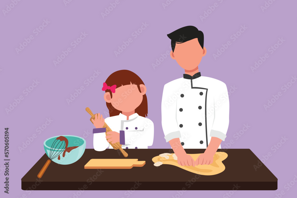 Character flat drawing happy father and cute daughter wearing apron cook in kitchen. Dad and his little girl enjoying kneading cake dough or bakery together at home. Cartoon design vector illustration Character flat drawing happy father and cute daughter wearing apron cook in kitchen. Dad and his little girl enjoying kneading cake dough or bakery together at home. Cartoon design vector illustration