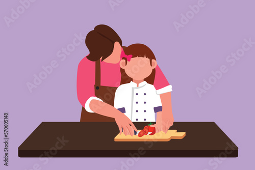 Graphic flat design drawing of mother teaching her little daughter to cut vegetables and fruit. Healthy food. Happy family, mom and child cooking together in kitchen. Cartoon style vector illustration
