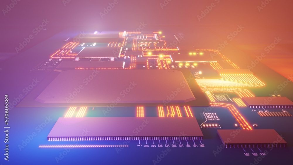 closeup of integrated circuit with processor and other electronics in