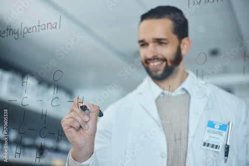 Science, medical research and man writing on glass in lab, innovation, formula and analytics. Happy scientist in laboratory with ideas, planning and strategy in future vaccine manufacturing data.