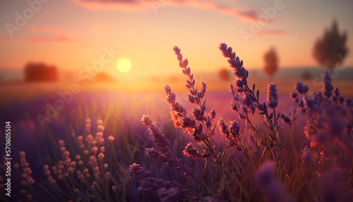 Lavender field in sunlight, shallow depth of field, generative ai