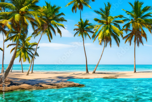 A scenic beach with palm trees and crystal-clear water © Sabbir Sarker