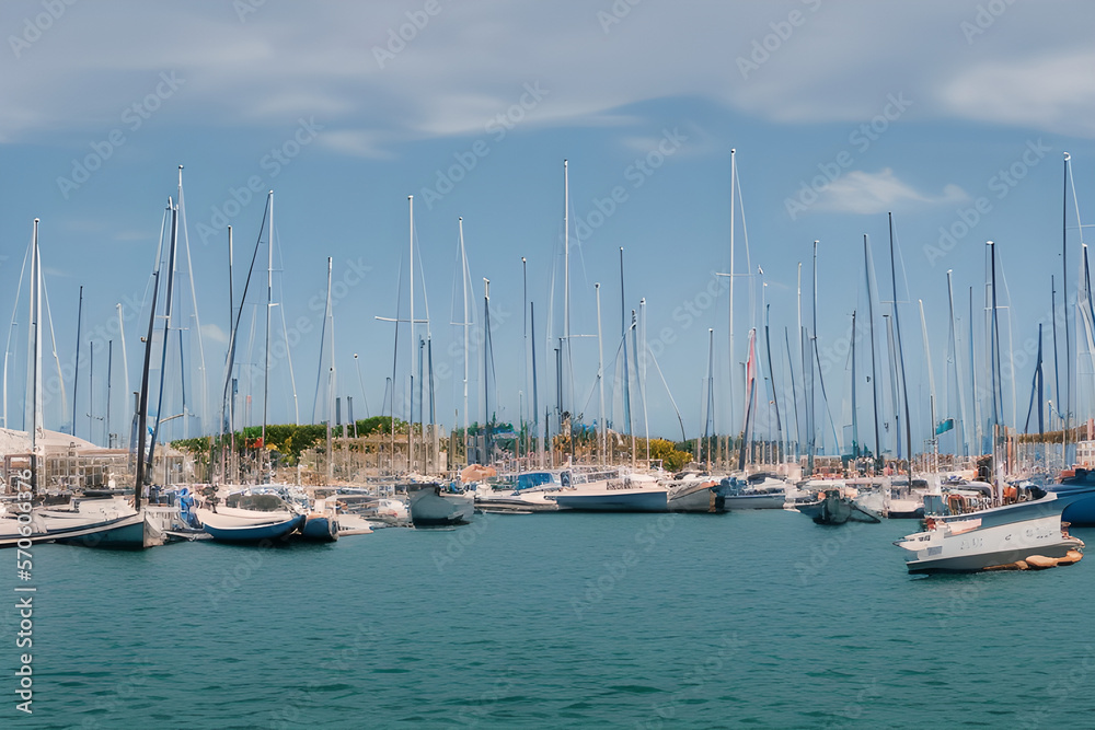 A scenic harbor with sailboats and fishing boats