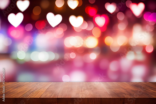Empty wooden table, blurred hearts bokeh background with copy space. Wood desk surface mockup for design or product display. Created with Generative Ai technology