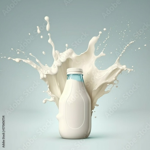 Milk splash come out form the bottle loop around the milk bottle. Isolated on light background. Realism 3d style. Generative AI,