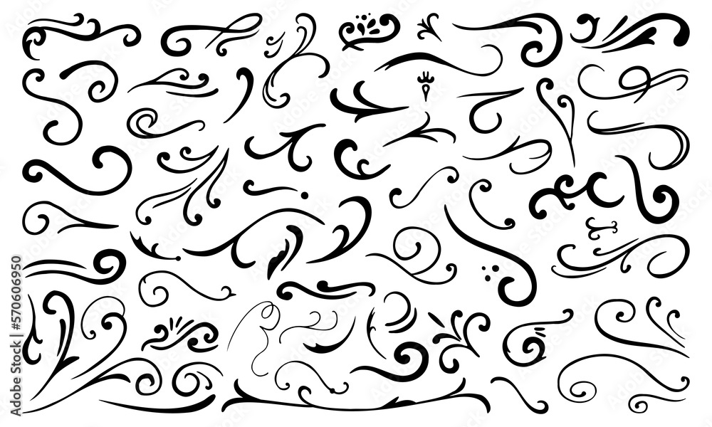 Calligraphy Curvy Line Floral Decoration. Hand drawn decorative curls and swirls. Flourish swirl ornate decoration for pointed pen ink calligraphy style.