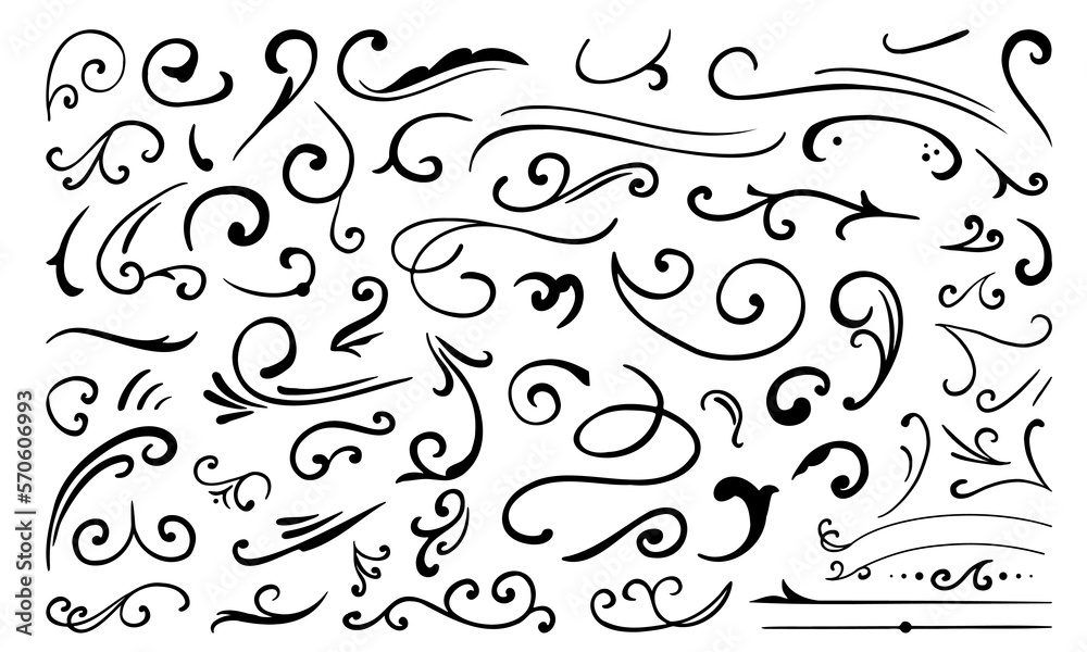 Calligraphy Curvy Line Floral Decoration. Hand drawn decorative curls and swirls. Flourish swirl ornate decoration for pointed pen ink calligraphy style. - obrazy, fototapety, plakaty 