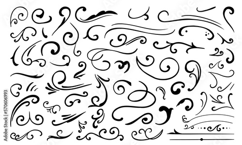 Calligraphy Curvy Line Floral Decoration. Hand drawn decorative curls and swirls. Flourish swirl ornate decoration for pointed pen ink calligraphy style. photo