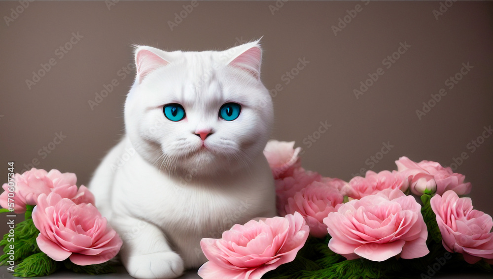 cute white kitty with blue eyes on flower background, wallpaper ...