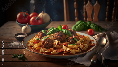 Spaghetti and Meatballs with tomato sauce, basil and parmesan, created using AI