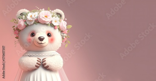 cute bear flower wreath on a head, generative Ai
