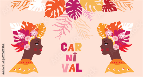 Brazil Carnival Latin Woman Wear Costume Traditional. Caroon lettering  Vector illustration. For poster, card, web banner , invitation. Vector