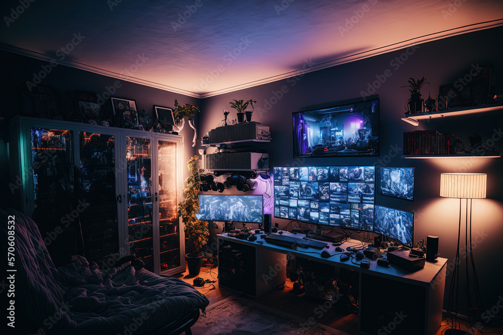 gamer's room with computer and chair, Generative AI