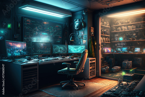 gamer's room with computer and chair, Generative AI