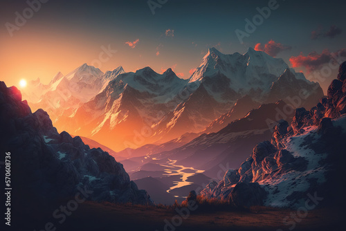 Sunrise with Alps in the Background - Alps Wallpapers Series - Sunrise Alps background wallpaper created with Generative AI technology © Sentoriak