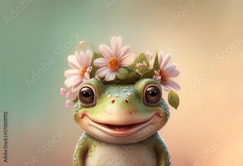 frog wearing flower wreath on a head  generative Ai