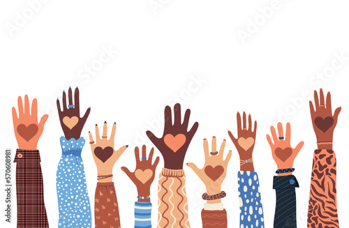 Diverse hands of people multi ethnic races with hearts. Volunteer diversity. Charity, volunteering and donating concept. Vector illustration