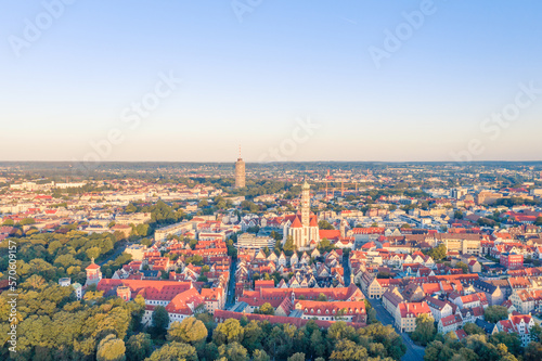 Top view of the entire city of Augsburg. Aerial view of Augsburg city center.