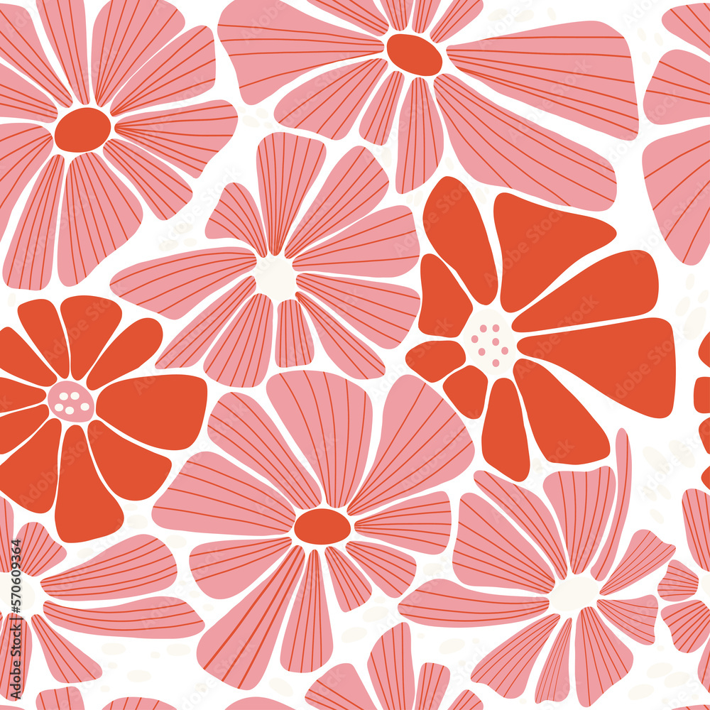 Retro floral seamless pattern. Groovy Daisy Flower - obrazy, fototapety, plakaty 