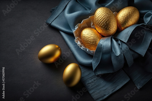Easter banner with golden eggs and napkin on dark black background. Top view, Generative ai