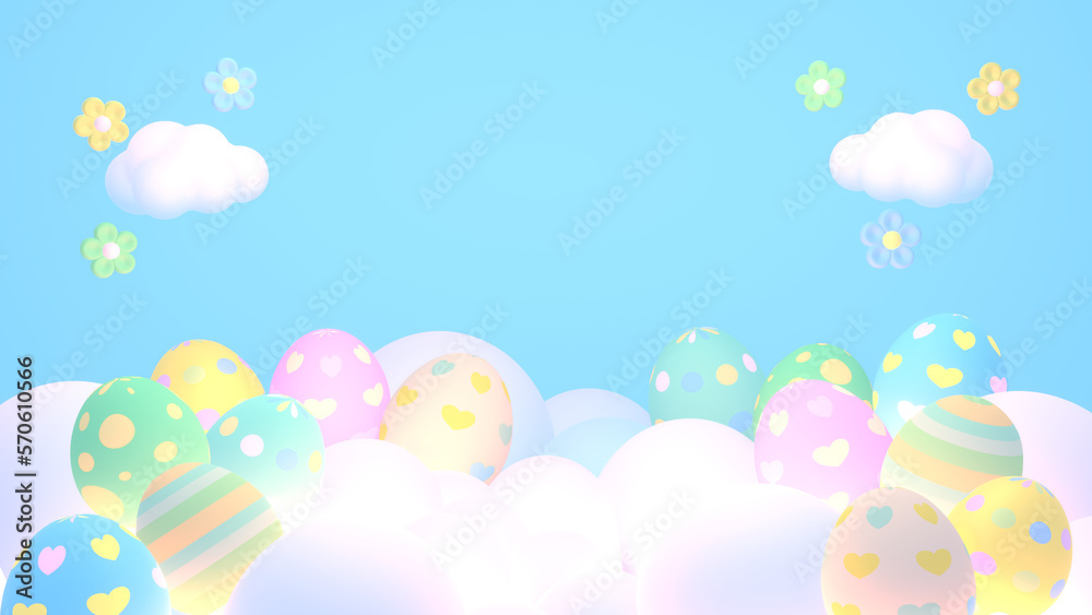 3d rendered cartoon Easter eggs on the clouds.