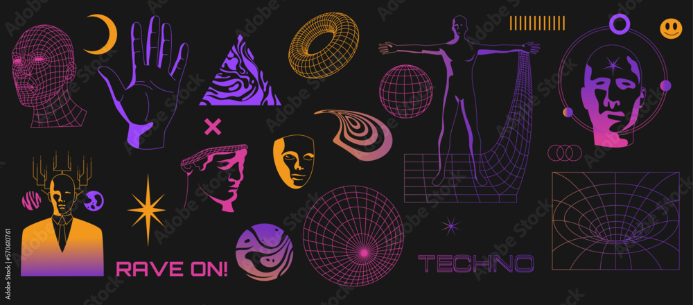 Retro futuristic set. Rave techno punk surreal geometric symbols, psychedelic wireframe perspective grids for streetwear merch design. Vector collection - obrazy, fototapety, plakaty 
