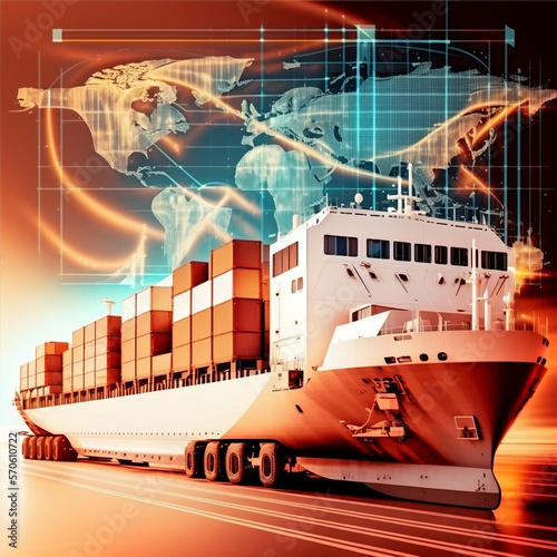 Distribution of transportation and logistics networks is expanding. Shipping containers and industrial freight vehicles. Business logistics, import/export, and transportation industry, super realistic