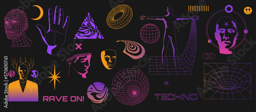 Retro futuristic set. Rave techno punk surreal geometric symbols, psychedelic wireframe perspective grids for streetwear merch design. Vector collection photo