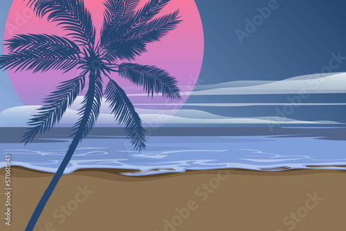 A tropical sunrise with a pink gradient sun and a silhouette of palm trees and mountains against a blue sky