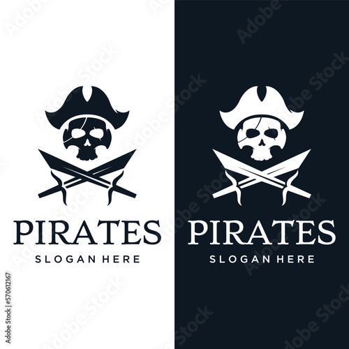 Pirate silhouette logo template design with crossed swords, skull and bones.Vector illustration.