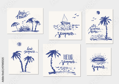 Hand drawn beach and sea coast scenes in navy blue color with palms, sun, yacht, waves.