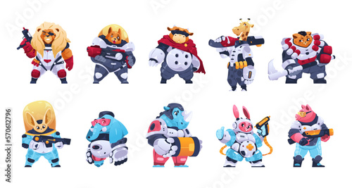 Warrior animals. Cartoon funny superhero fantasy game characters in armor with weapon, cute colorful flat kid creatures brave fighters. Vector isolated set