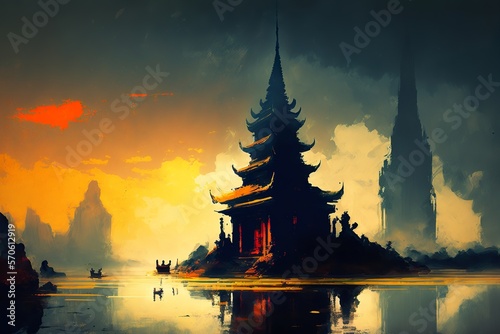 Buddhist temple, Pagoda, Painting, Generative AI © AIExplosion