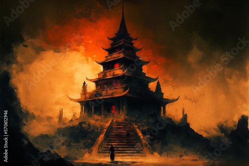 Buddhist temple, Pagoda, Painting, Generative AI