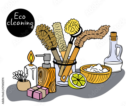 Eco-friendly home cleaning products. Bottles, cans, soap, spray, soda, brushes. Eco products for cleaning the house, washing clothes. Natural organic home cleaner, cleaning detergents.