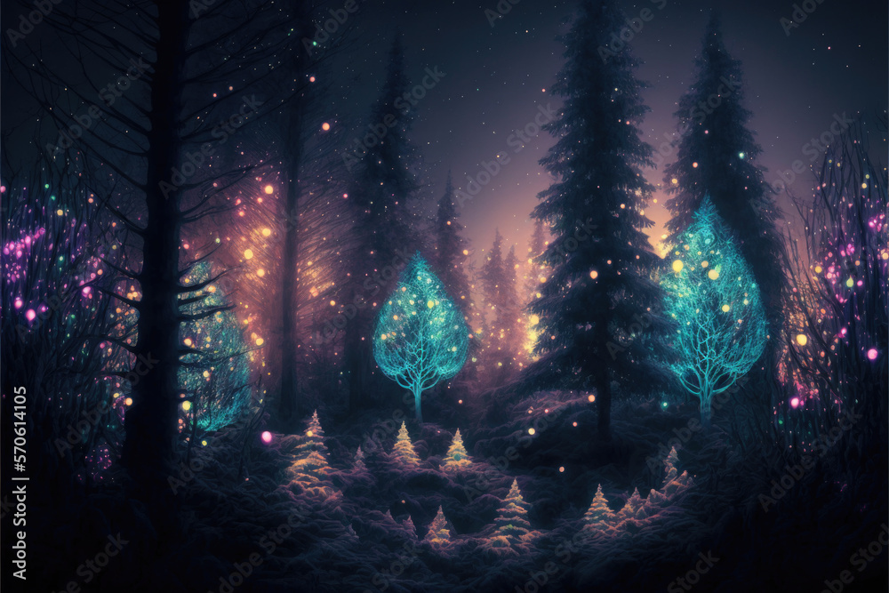 Fairy forest in winter snow with magical lights. Ai generated art Fairy forest in winter snow with magical lights. Ai generated art