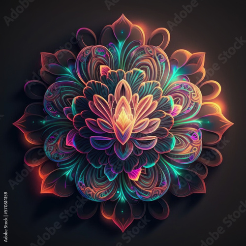 Colorful neon gradient fractal mandala shapes as wallpaper background (Generative AI) © Jasmina