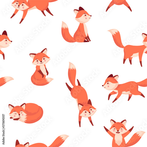 Cartoon fox pattern. Seamless print with cute forest animal characters in different poses for wrapping, wallpaper, fabric, endless background. Vector texture