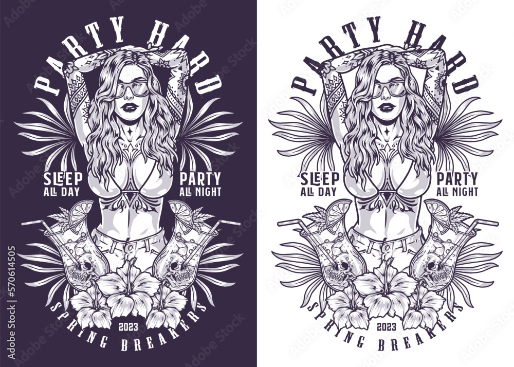 Obraz premium Beach party girl flyer monochrome