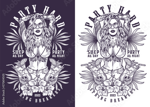 Beach party girl flyer monochrome