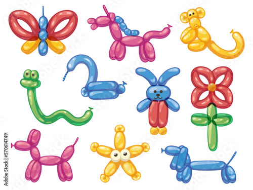 Balloon animals. Cartoon helium rubber dog butterfly horse monkey snake, cute bubble decoration for child birthday party celebration. Vector isolated set
