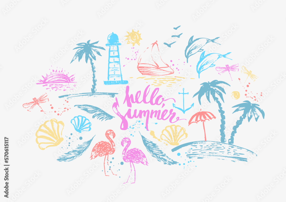 Summer background with hand drawn sketches, grunge drops and lettering